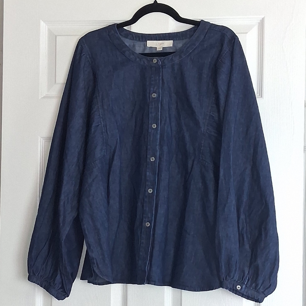 LOFT Navy Button-Front Long-Sleeve Blouse